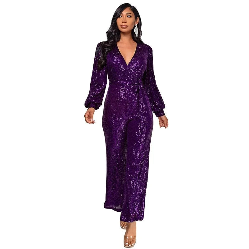 S / Purple 2024 new plus size women ladies sparkly red gold sequin long sleeve full romper jumpsuit women party club clothing with bandage