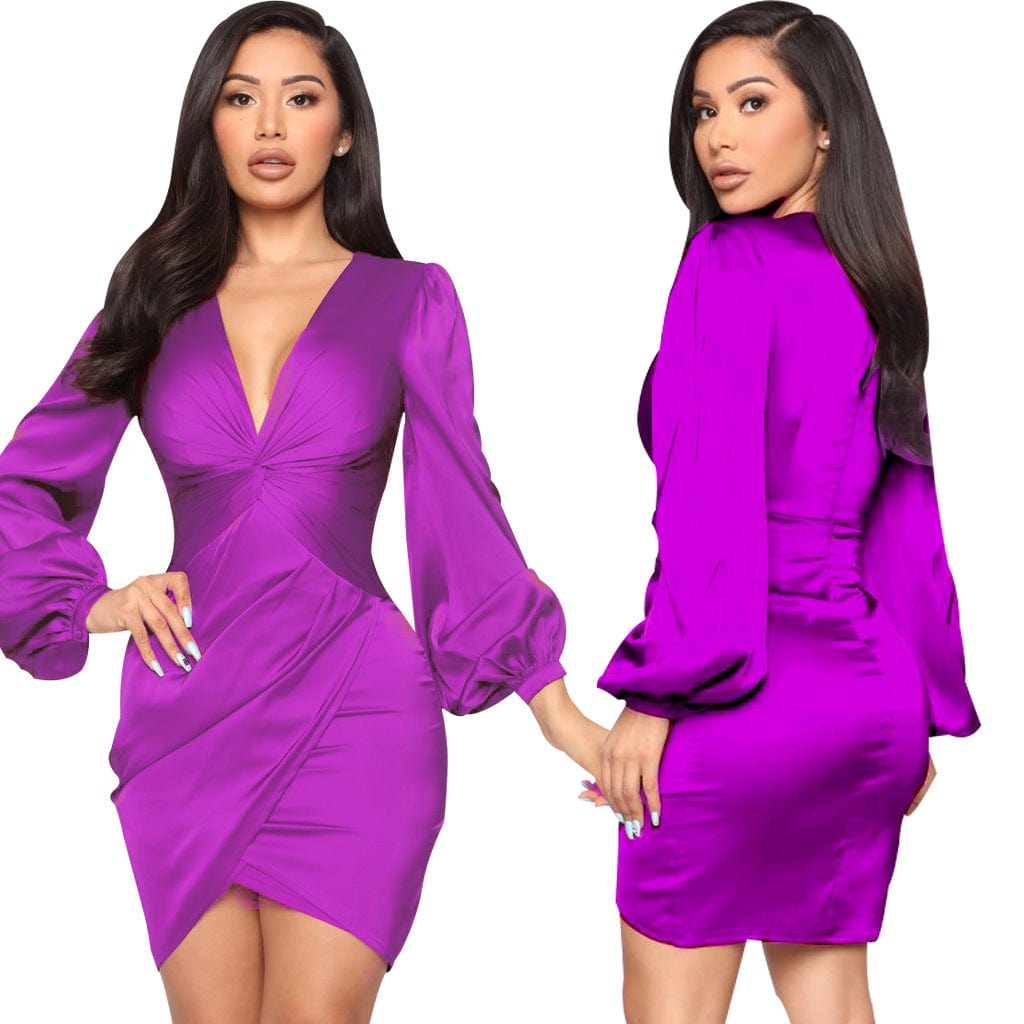 S / Purple C1103TA23 New Arrival Casual Solid Color V Neck Irregular Bodycon Office Dress Women Sehe Fashion