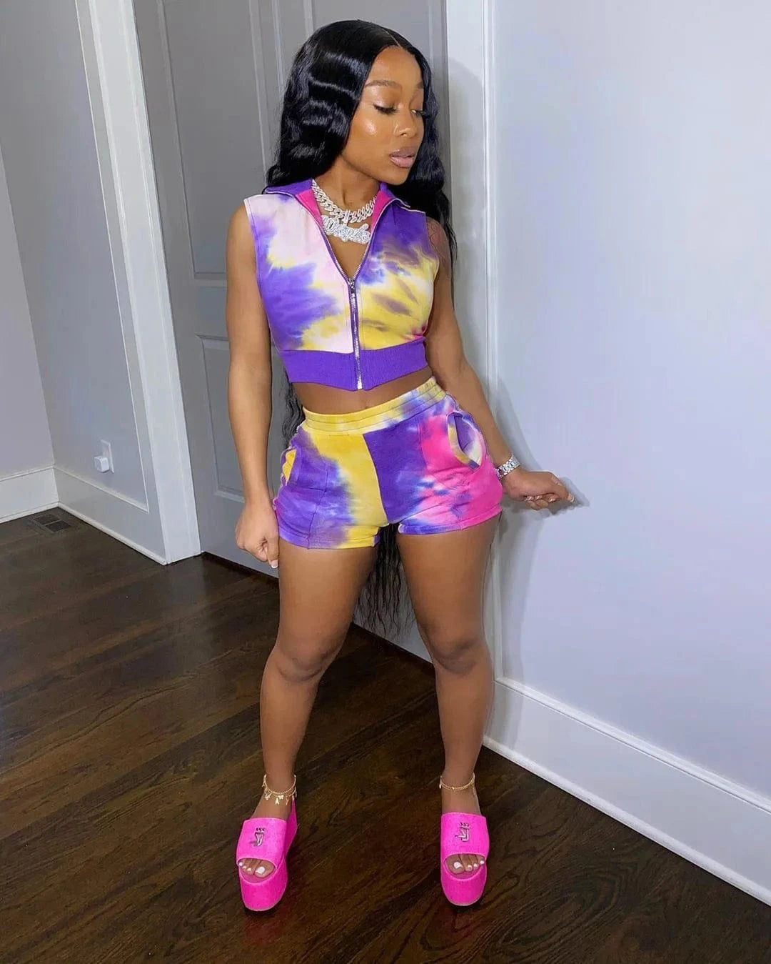 S / Purple Hot Selling Sexy 2 Piece Set Women Clothing Tie-dyed Outfits Zipper Two Piece Short Pants for Ladies