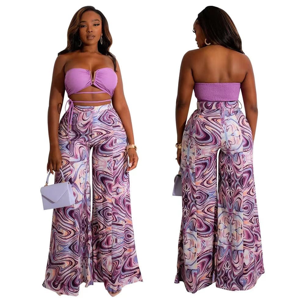 S / Purple J&H 2023 new arrivals tube top printed blazer pants suits 2 piece ladies sexy vacation outfits