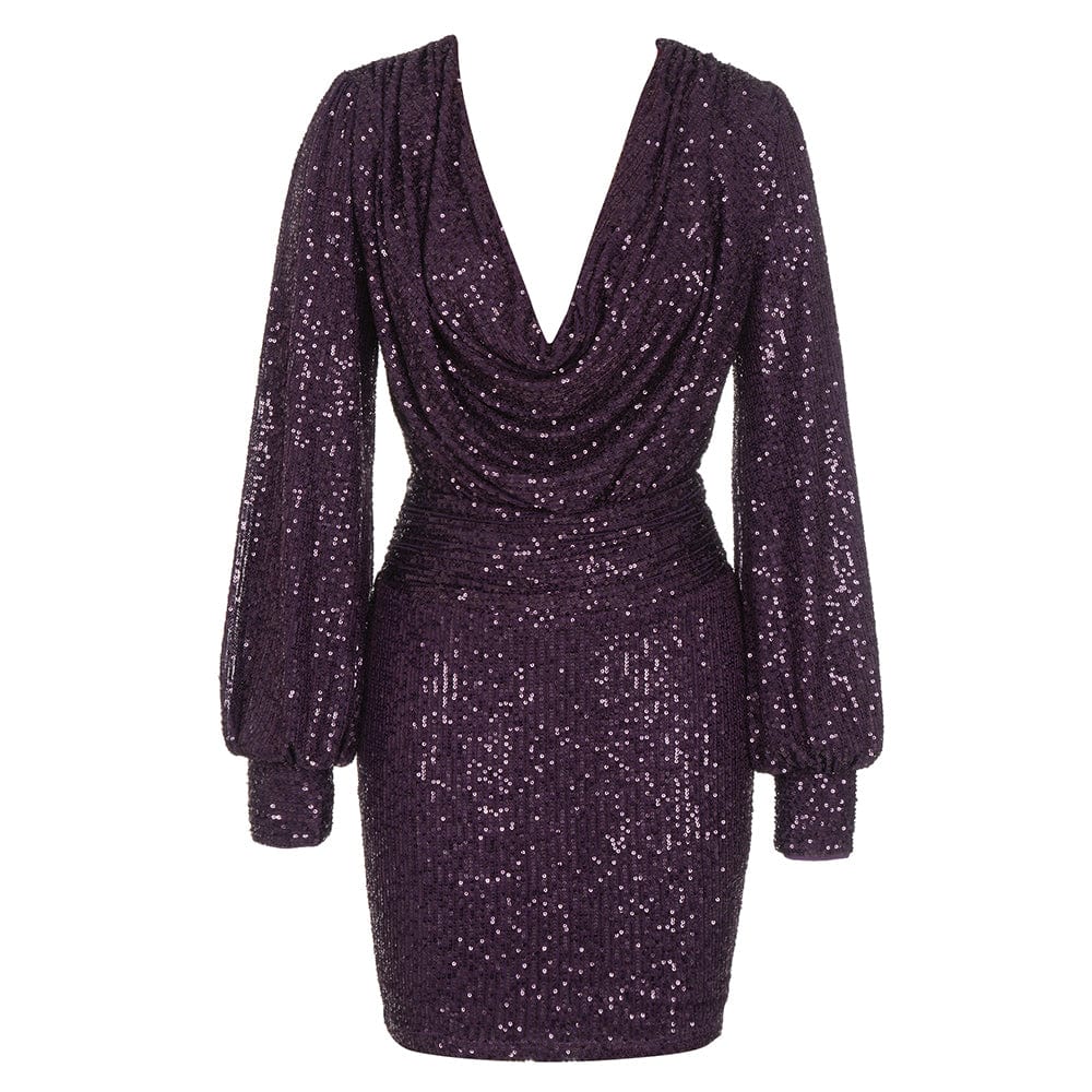 S / Purple WBH0051 Sequin Decoration Women Bodycon Dress Sexy V-Neck Long Sleeve Shiny Mini Party Club Autumn