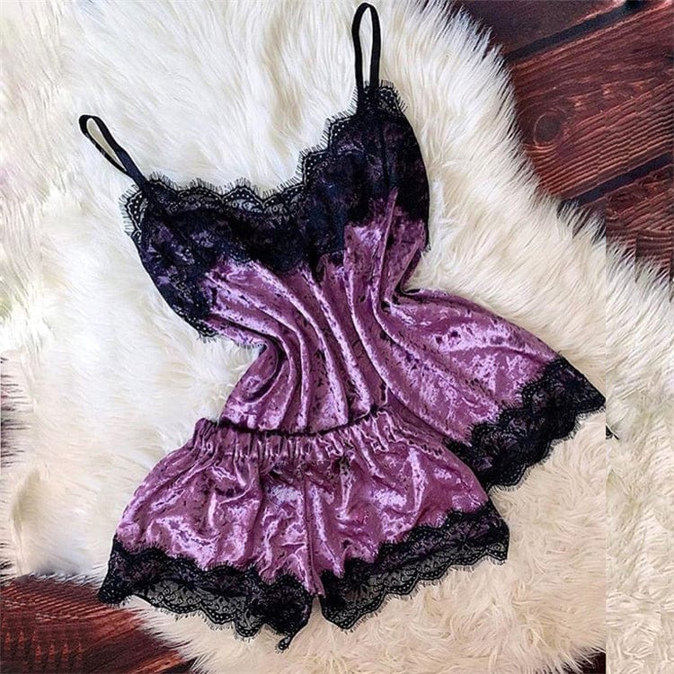 S / Purple Women Velvet Lace Sleepwear Pajamas Sexy Sleeveless Camisole With Shorts Lingerie Two Piece Summer Nightwear