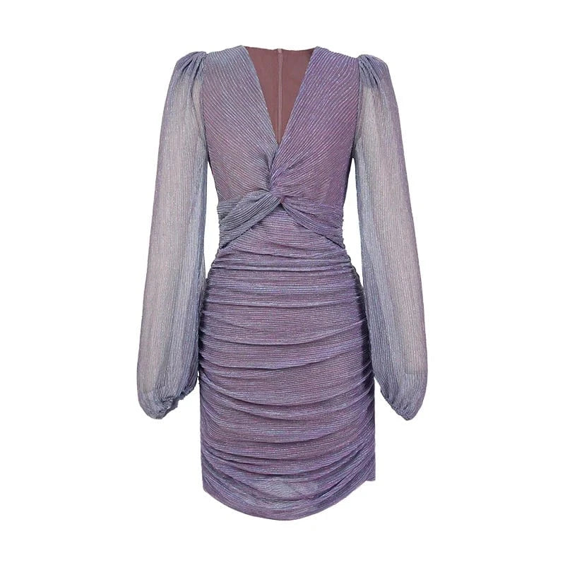 S / Purple ZYHT 21080 Casual Wear Plus Size Puff Sleeve Ruched Mini Dress Deep V Neck Mesh Shiny Pencil Fold Prom Dress