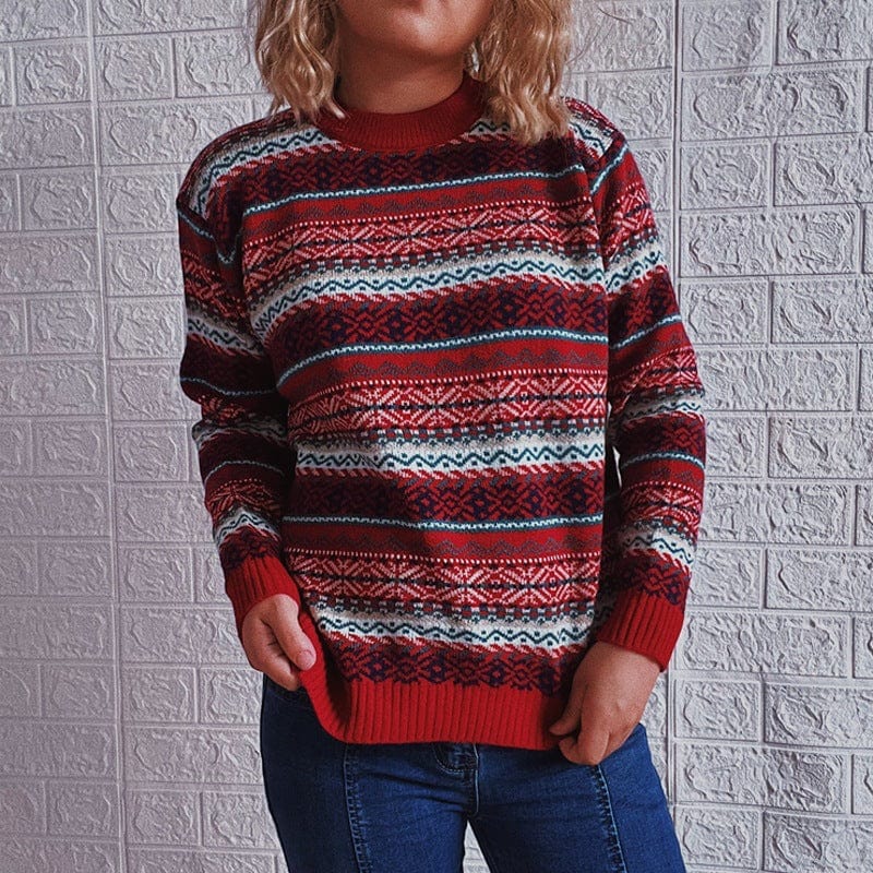 S / Red 2022 Autumn And Winter New Ethnic Style Vintage Stripe Knitted Round Neck Long Sleeve Pullover Sweater For Women