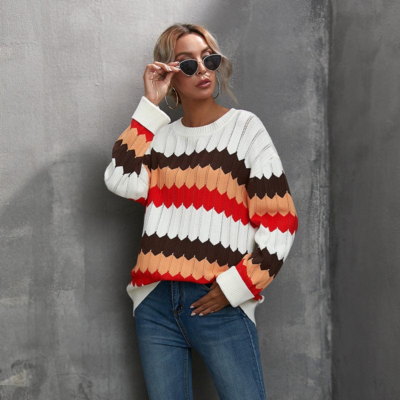 S / Red 2022 Autumn And Winter New Women's Clothing Color Matching Sweater Wave Striped Pullover