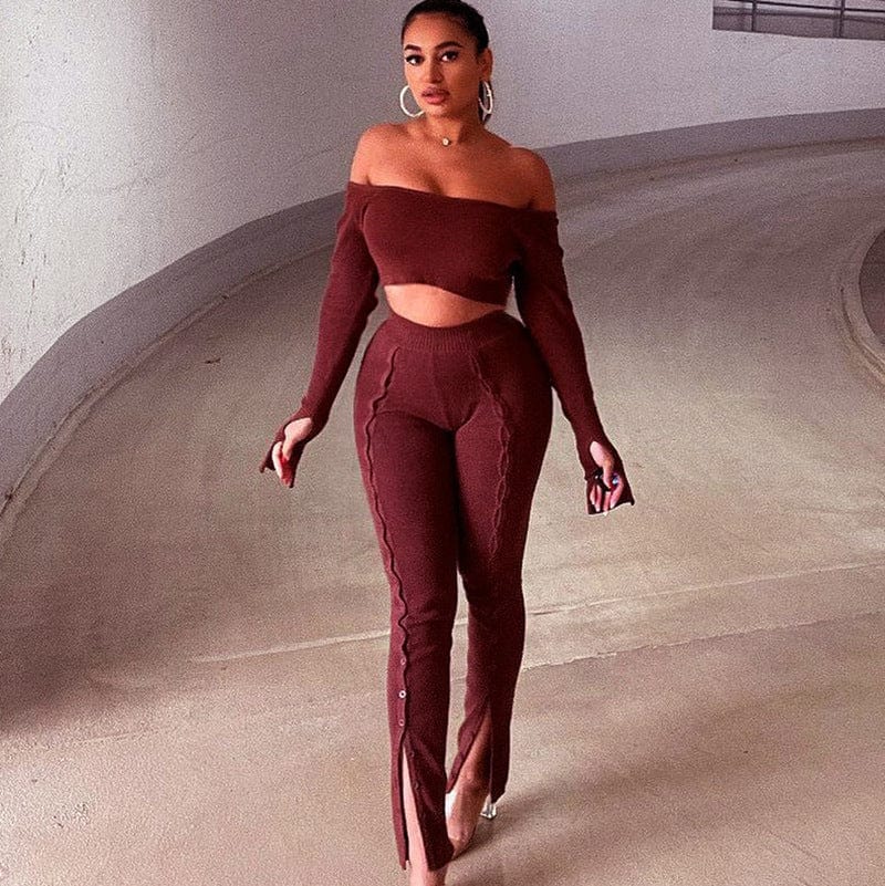 S / Red 2022 new arrivals sexy off shoulder long sleeve crop top and Slit button pants two pieces set women