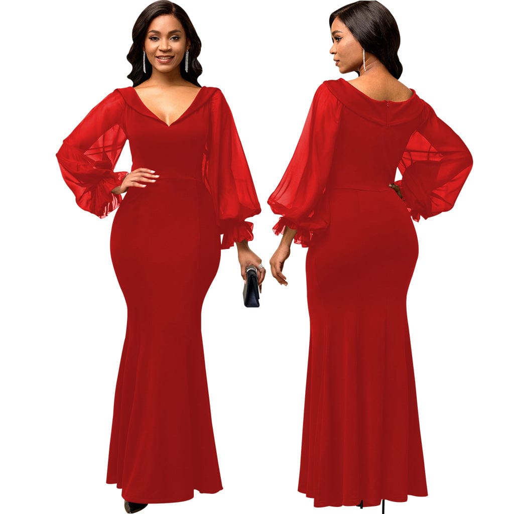 S / Red C1103TA22 Dropshipping Elegant Solid Color Sheer Mesh Sleeve Bodycon Ladies Evening Dress Sehe Fashion
