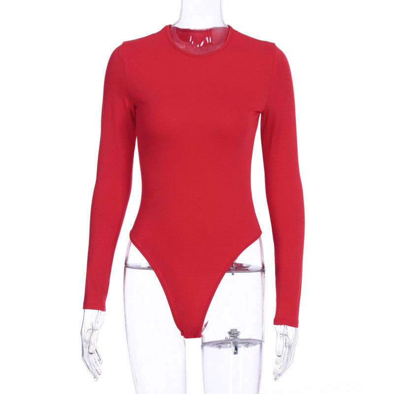 S / Red High Quality Long Sleeved Woman Bodysuits Solid Color Custom Bodysuit Tops Polyester O Neck Bodysuits For Women