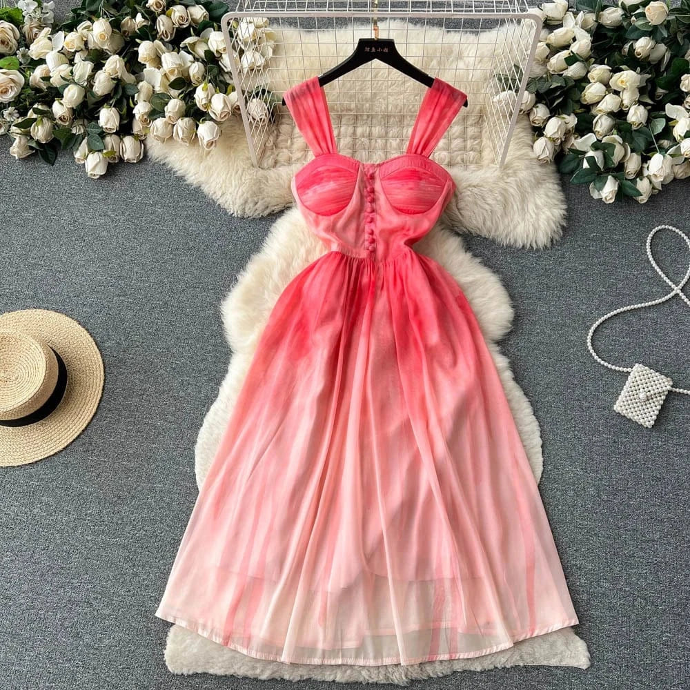 S / Red New 2024 Korean Chic Summer Design Tie Dye Print Beach Dress Women Summer Dresses Clothing