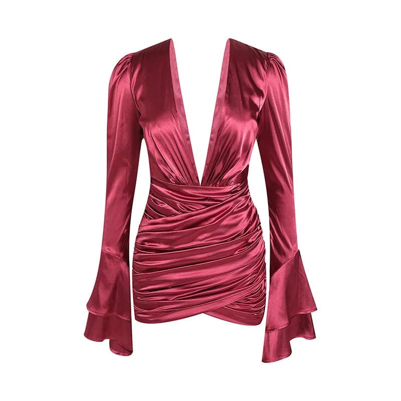 S / Red OUDINA Stylish Pleated Red Evening Elegant Trumpet Long Sleeve Women's Clothing Short Party Dresses