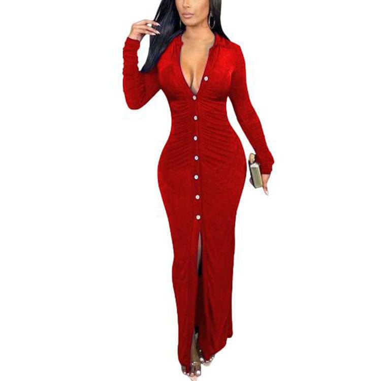 S / Red Wholesale S-3XL 2022 Fall Women Plus Size Plain Long Dresses for 2022 Women Lady Casual Long Sleeve Party Elegant Cardigan Dress