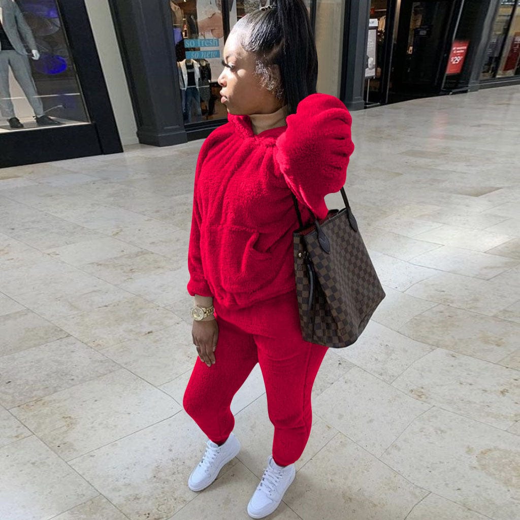 S / Red Women 2pc Set Winter Two Piece Pants Set Solid Color Plush Lounge Wear Hoodie Two-Piece Trouser Suit Women Winter Set