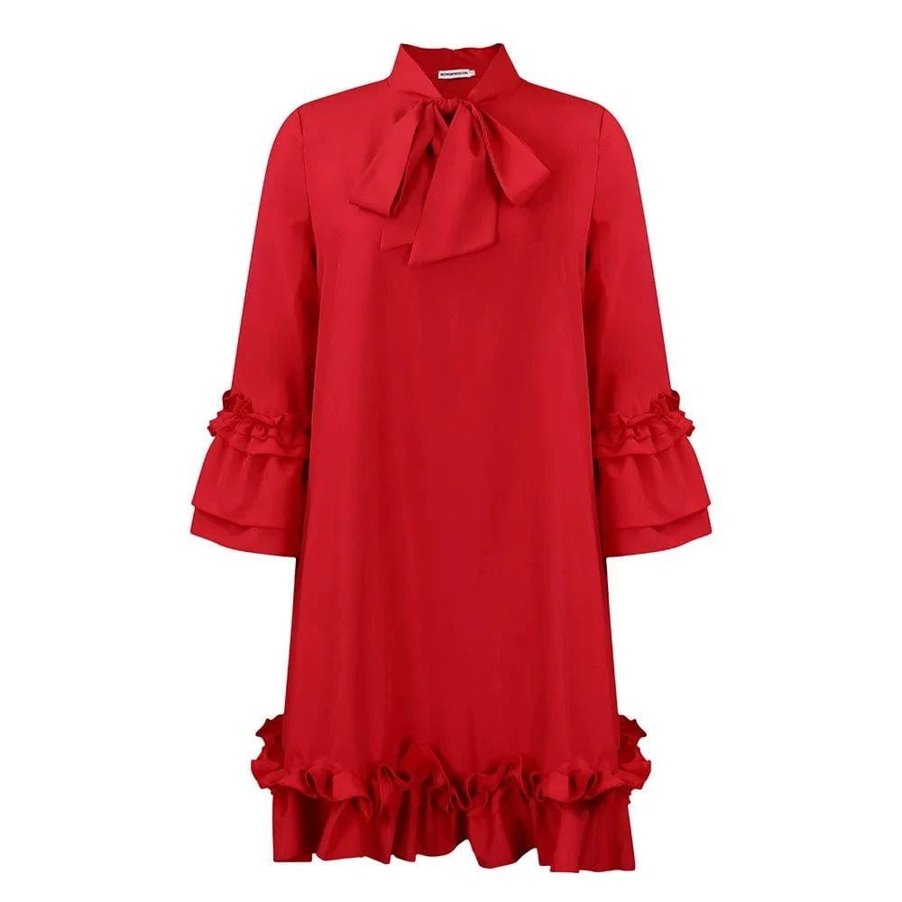 S / Red Women's Loose Casual Plus Size Ruffle Sleeve Tie Solid Color Foreign Trade Dresses