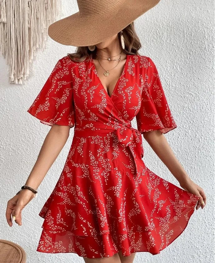 S / Red Womens Summer Short Sleeve V Neck Floral Print Dress New Women Chiffon Belt Dress