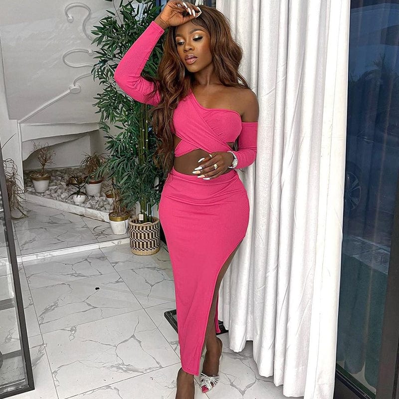 S / Rose Madder 2023 New Arrivals Spring Sexy Breast Wrapped Long Sleeve Slit Skirt Suit Womens Clothing
