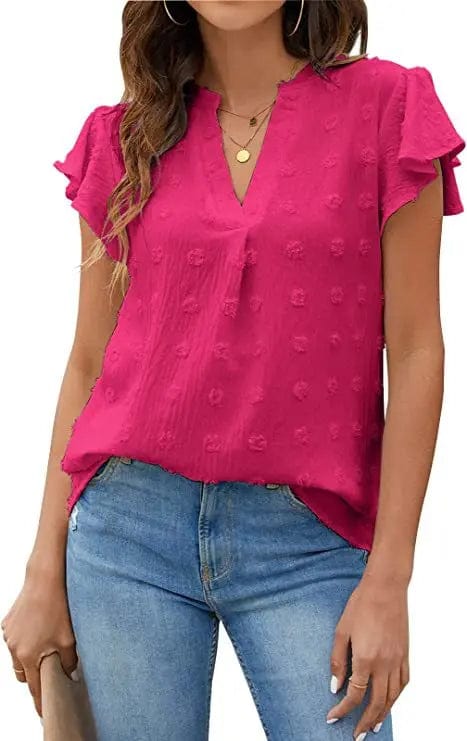 S / Rose Madder European and American Women's clothing 2023 Summer new V-neck Pleated lotus Leaf sleeve Fur ball top Chiffon shirt