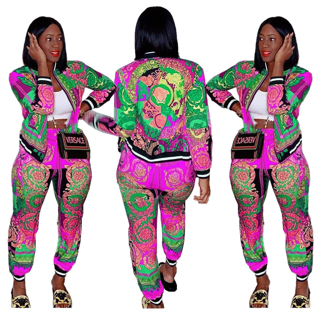 S / Rose Red 2022 Good Quality Fashion Clothes Zip Jacket Two Piece Pants Set Plus Size Colorful Print 2 Piece Set Women