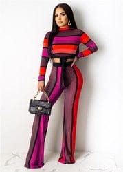 S / rose red S3849 Fashion long sleeve t shirt wide leg pants color stripe printing two piece set for woman