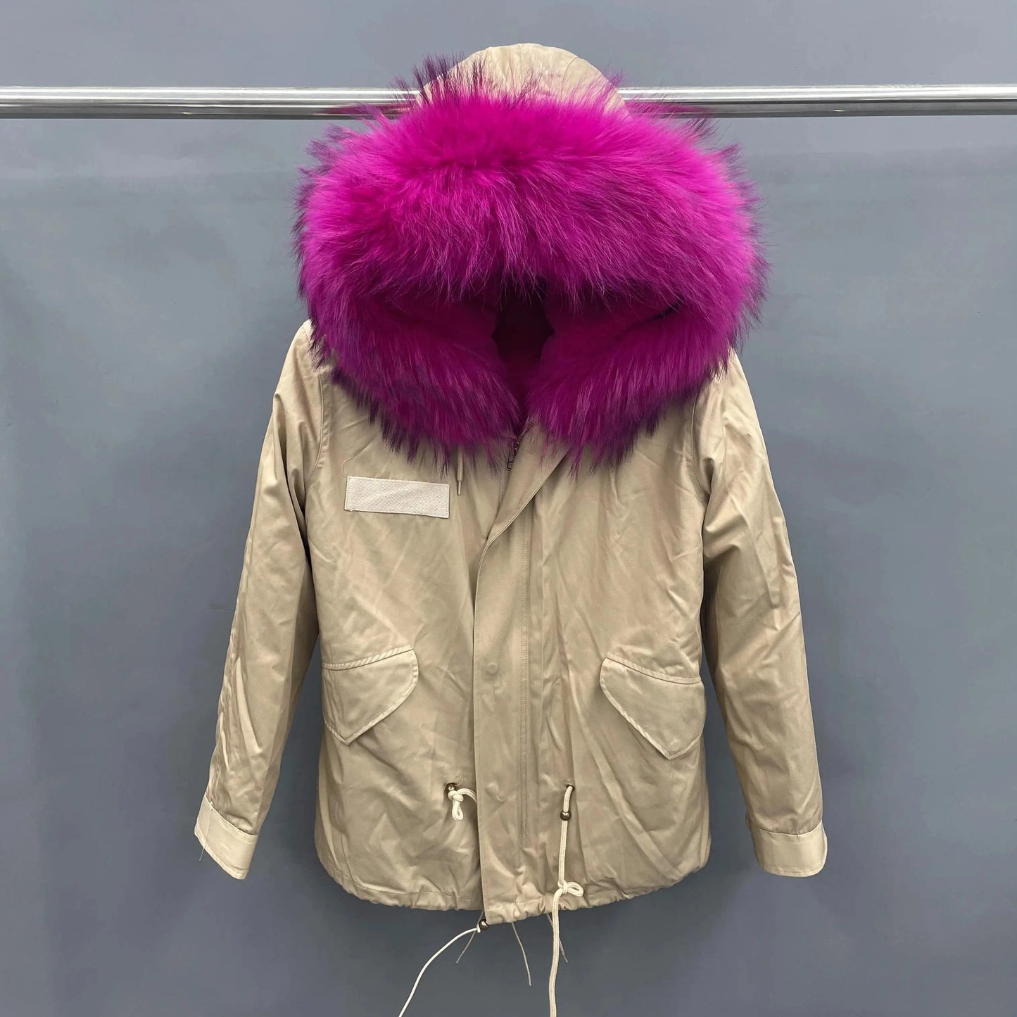 S / Short beige+ hot pink fur Wholesale Lady Hoodies Warm Plus Size Winter Fur Parka