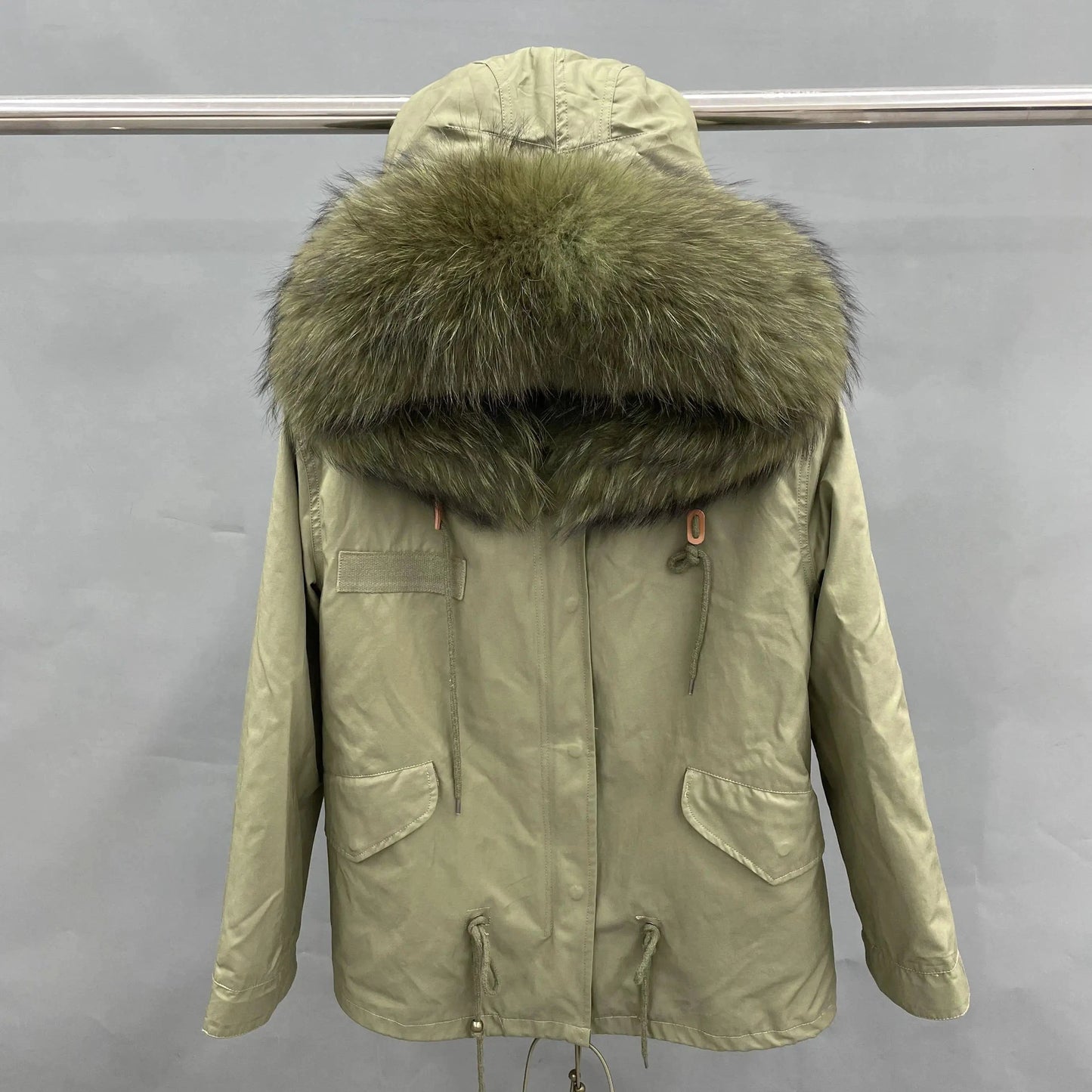 S / Short green +army green fur Wholesale Lady Hoodies Warm Plus Size Winter Fur Parka