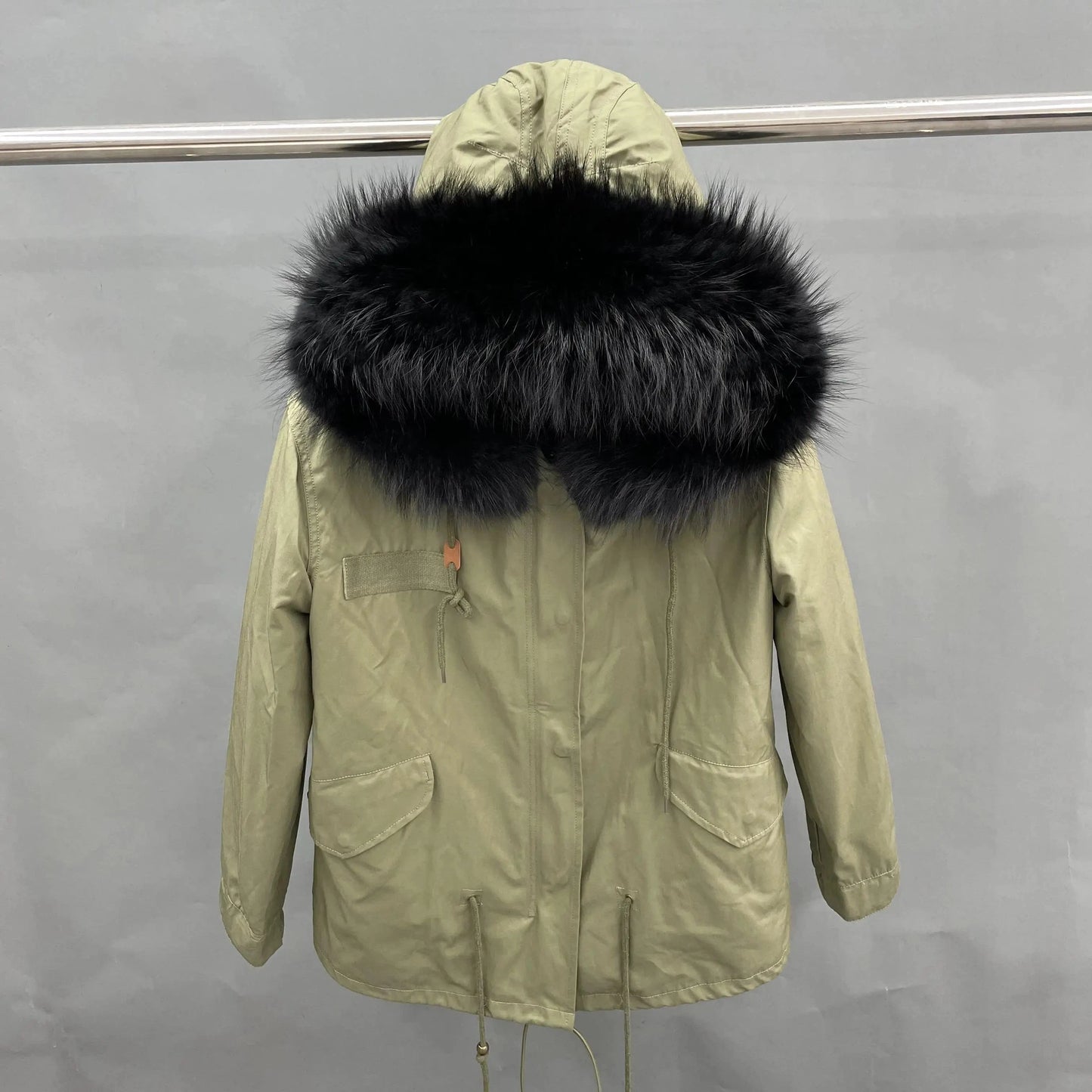 S / Short green +black fur Wholesale Lady Hoodies Warm Plus Size Winter Fur Parka