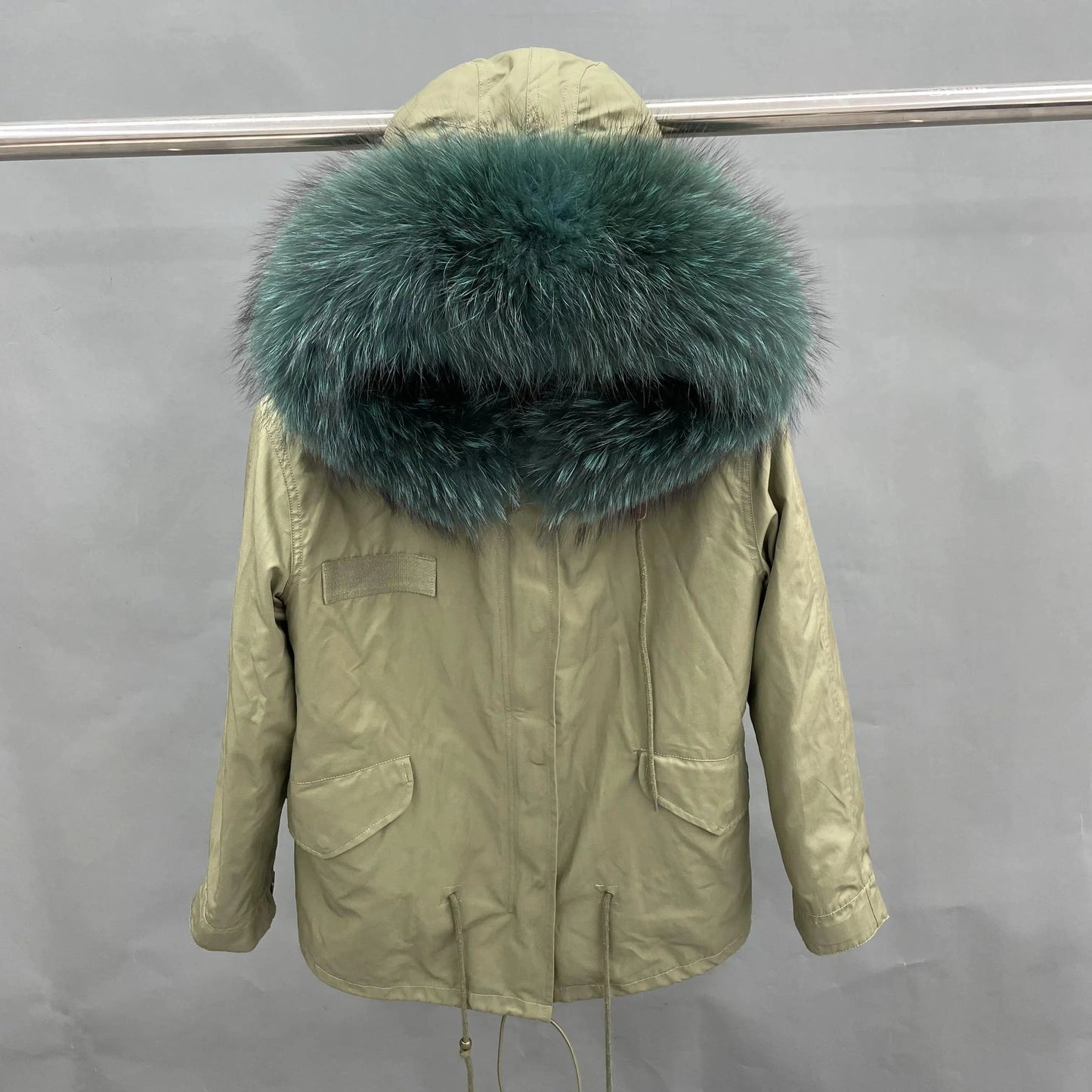 S / Short green +dark green fur Wholesale Lady Hoodies Warm Plus Size Winter Fur Parka