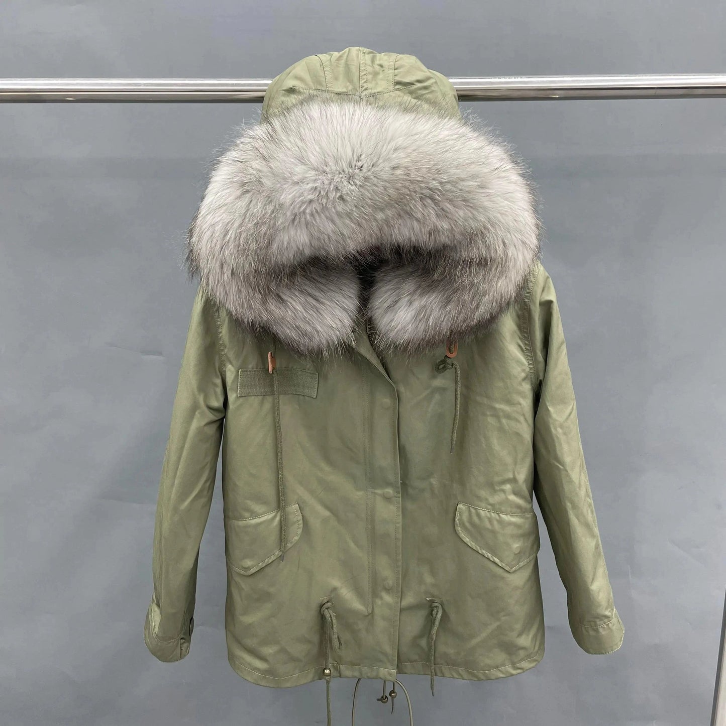 S / Short green +gray fur Wholesale Lady Hoodies Warm Plus Size Winter Fur Parka