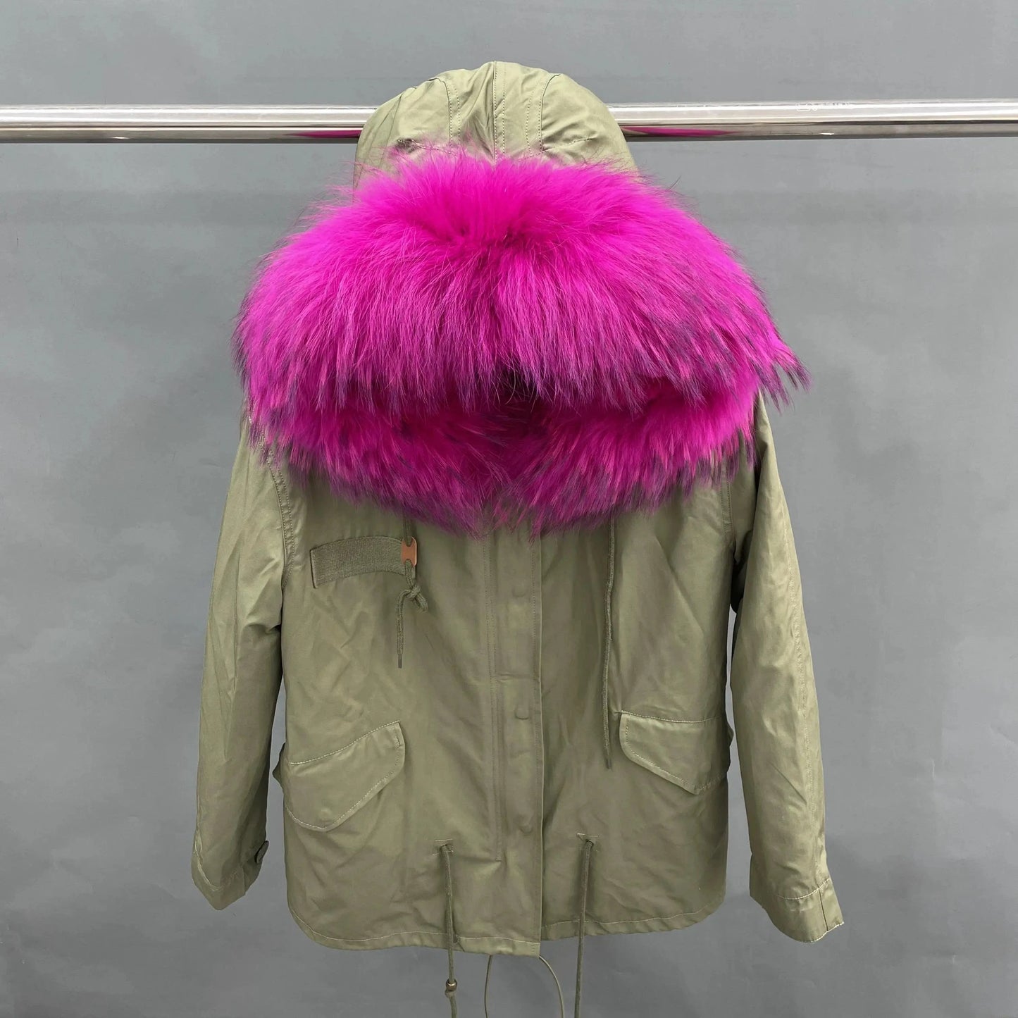 S / Short green +hot pink fur Wholesale Lady Hoodies Warm Plus Size Winter Fur Parka