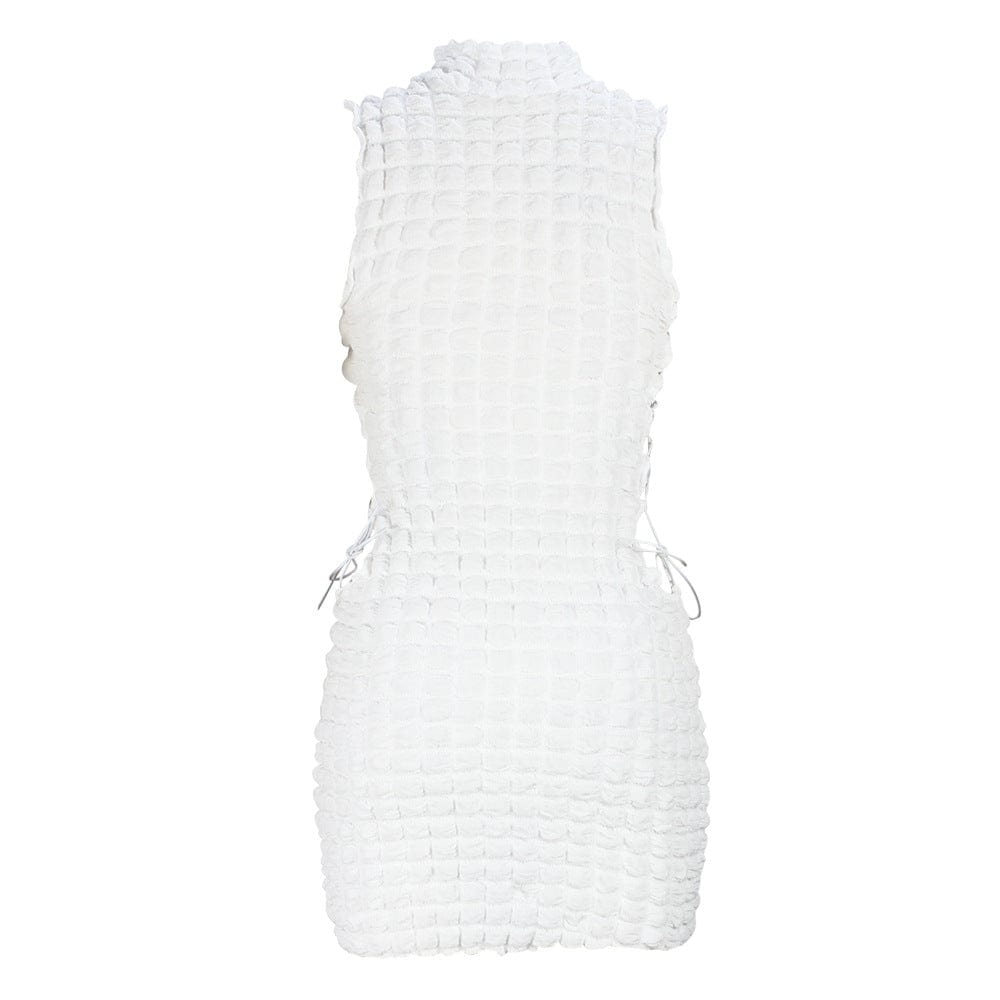 S / short - white Fashion Round Neck Sleeveless Sexy Short Skirt Side Tie Hollow Long Dress women Slim Hips Bodycon Dress