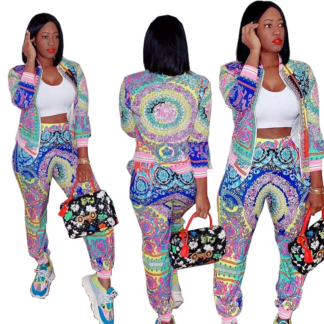 S / silver 2022 Good Quality Fashion Clothes Zip Jacket Two Piece Pants Set Plus Size Colorful Print 2 Piece Set Women