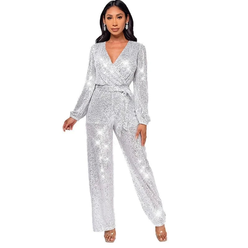 S / silver 2024 new plus size women ladies sparkly red gold sequin long sleeve full romper jumpsuit women party club clothing with bandage