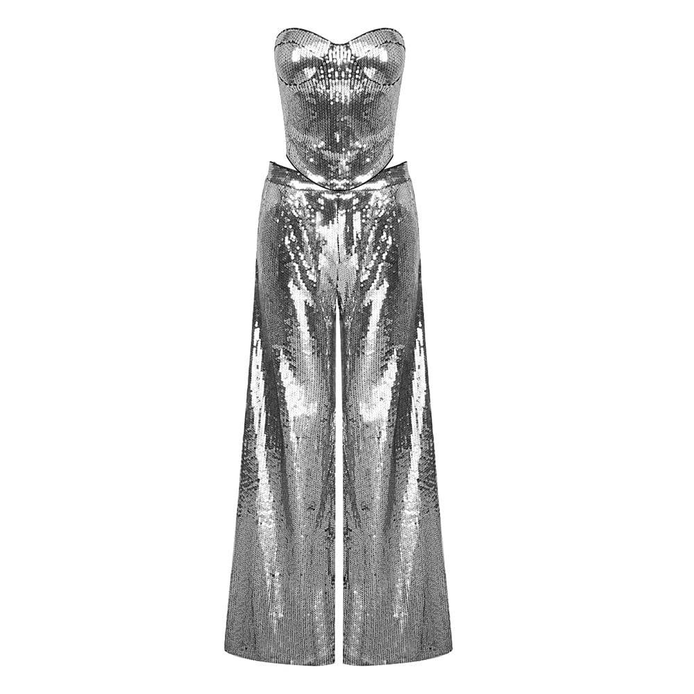 S / silver BD2325 2023 Two Pieces Set Shiny Sequin Top And Pants Strapless Sexy Backless Fashion Party Women