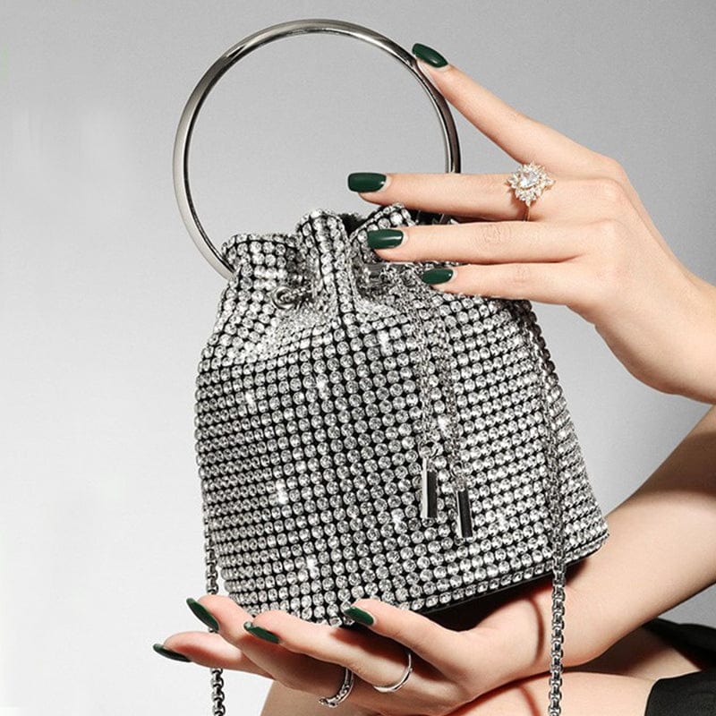 S / silver Trendy Women's Handmade Bling Bucket Evening Bag Ladies Rhinestone Crystal Party Clutches Purse Shoulder Tote Dinner Handbag