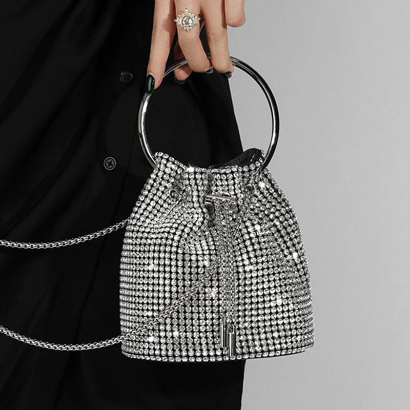 S / silver Trendy Women's Handmade Bling Bucket Evening Bag Ladies Rhinestone Crystal Party Clutches Purse Shoulder Tote Dinner Handbag