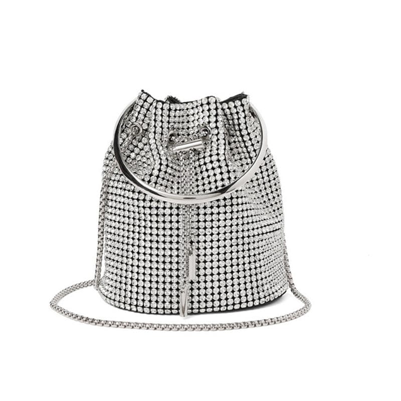 S / silver Trendy Women's Handmade Bling Bucket Evening Bag Ladies Rhinestone Crystal Party Clutches Purse Shoulder Tote Dinner Handbag