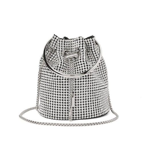 S / silver Trendy Women's Handmade Bling Bucket Evening Bag Ladies Rhinestone Crystal Party Clutches Purse Shoulder Tote Dinner Handbag