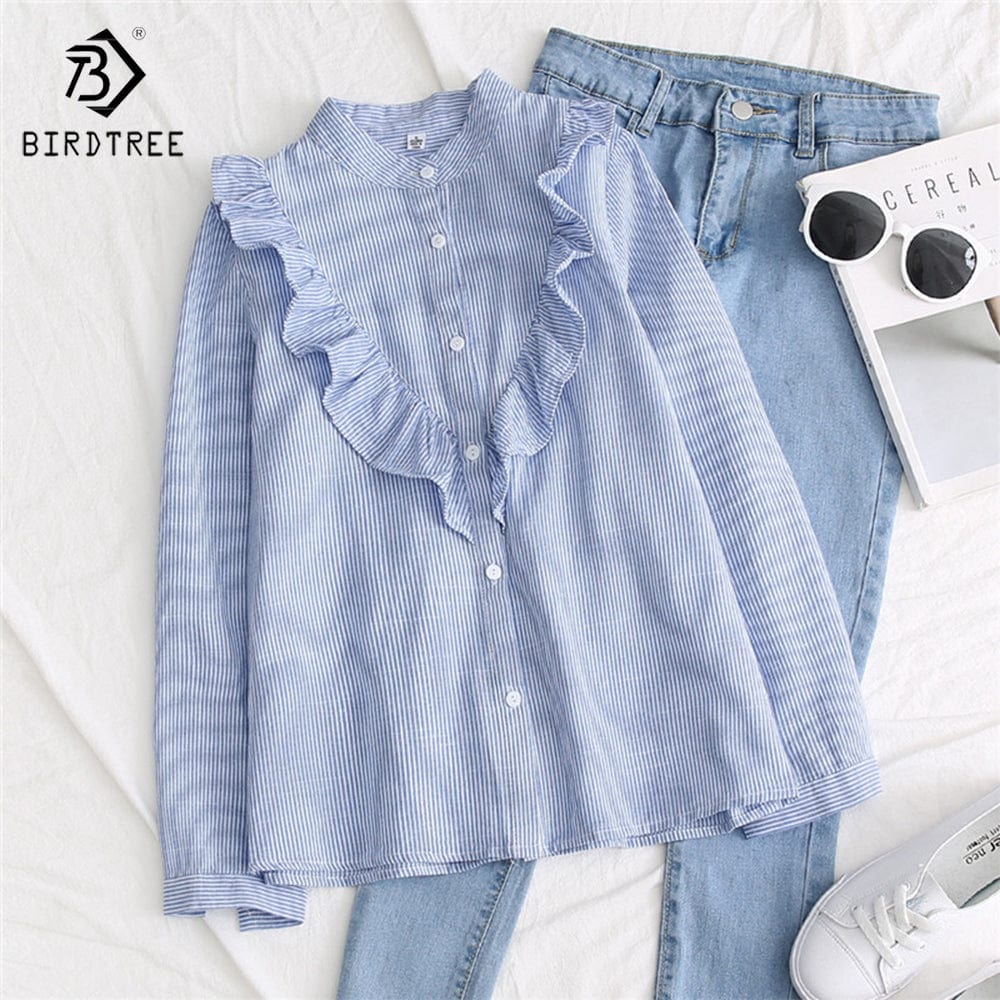 S / Sky Blue 2022 Autumn New Women Vintage Stand Collar Cotton Shirt Ruffles Full Sleeve Loose Blouse Casual Office Wear Spring Basic T28612X