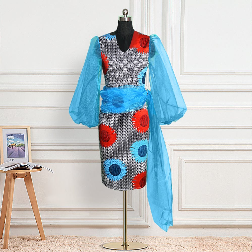 S / Sky Blue Blue Bodycon Sexy Print Long Transparent Sleeve Patchwork Lady Casual Dress