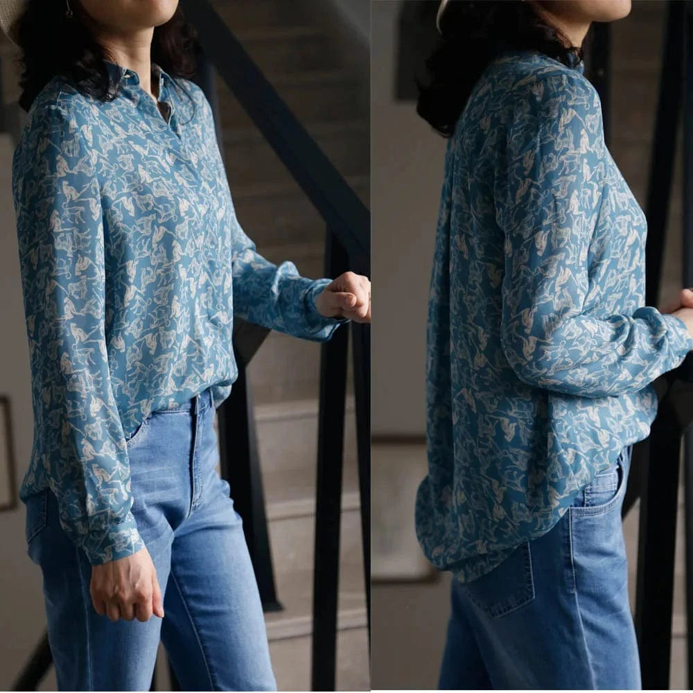 S / Sky Blue Exquisitely Pattern Print Women Fashion Blouse Button Long Sleeve Ladies Casual Blouse
