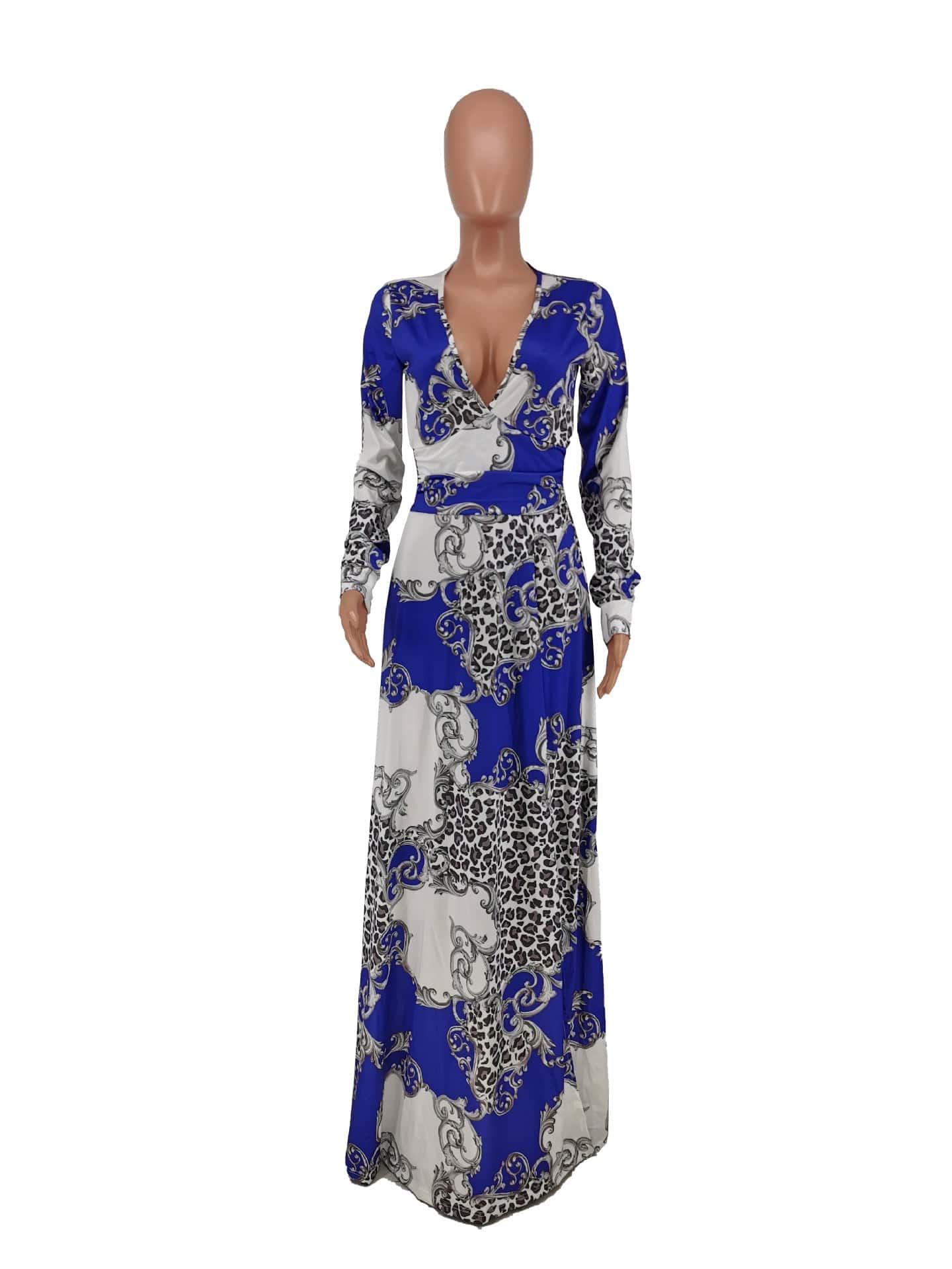 S / Sky Blue Summer New V Neck High Waist Printed Floral African Women Casual Dress