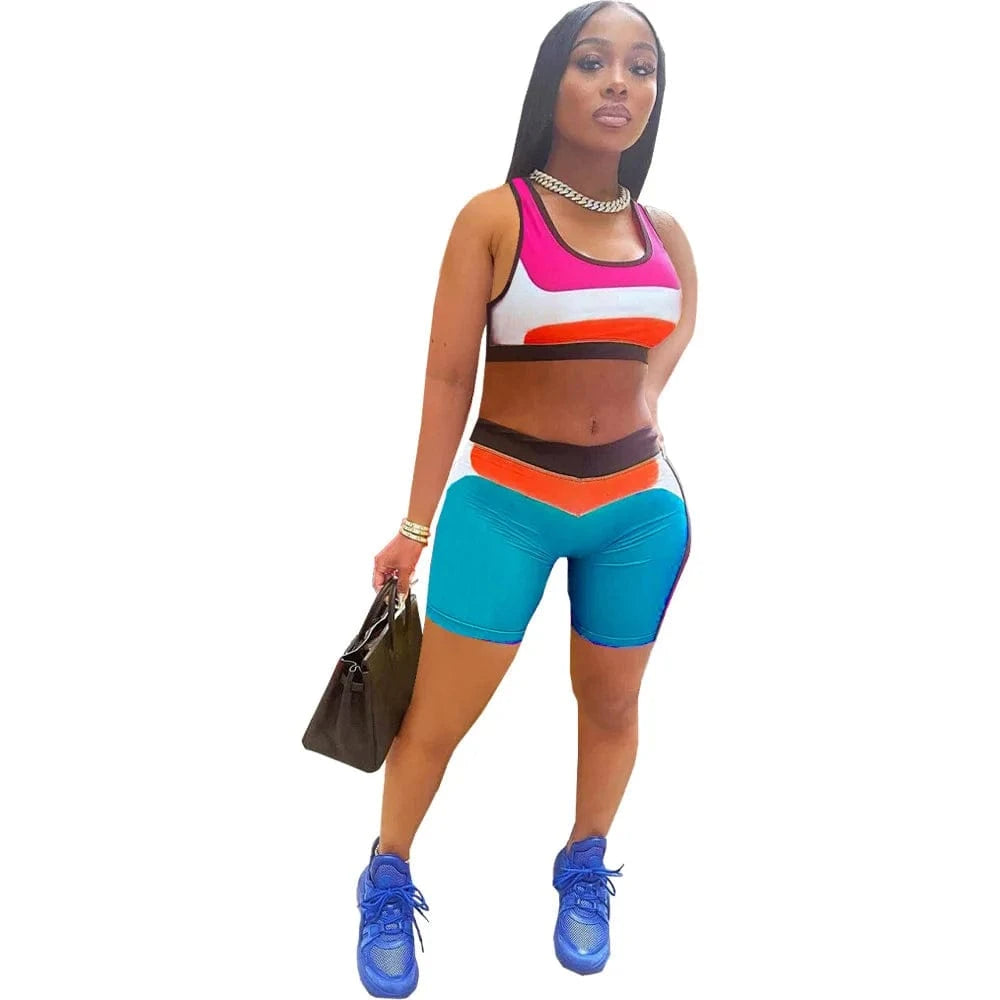 S / Sky Blue Summer Sexy Two Piece Short Set Women Clothing Tracksuit Ladies Crop Tank Top Biker Shorts 2Piece Sports Jogger Outfits