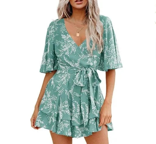 S / Sky Blue Womens Summer Short Sleeve V Neck Floral Print Dress New Women Chiffon Belt Dress