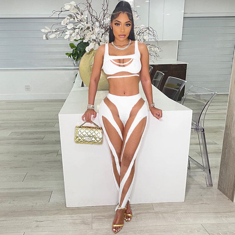 S / White 2022 Bandage Mesh Cut Out Crop Top Mesh Patchwork Two Pieces Set Party Club Stretchy Outfit women sweatsuit set tracksuit