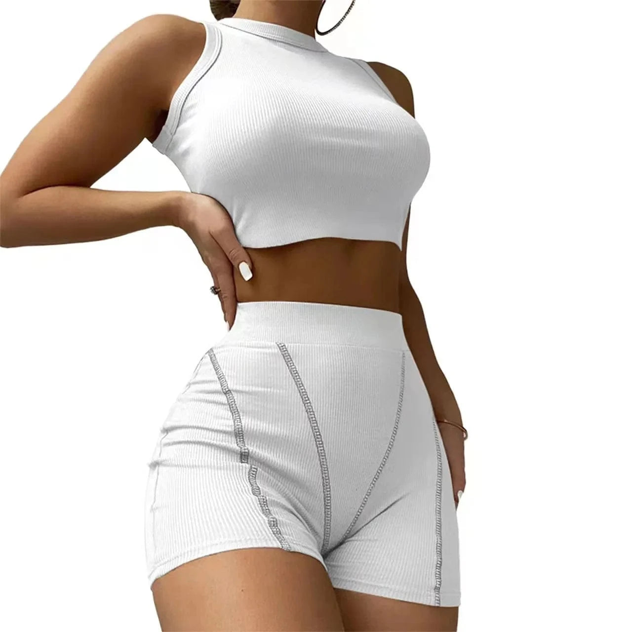 S / White 2022 INS Hot Ribbed Stretchy Fabric Crew Neck Crop Top and Shorts Pants Outfit Women Casual Two Piece Set