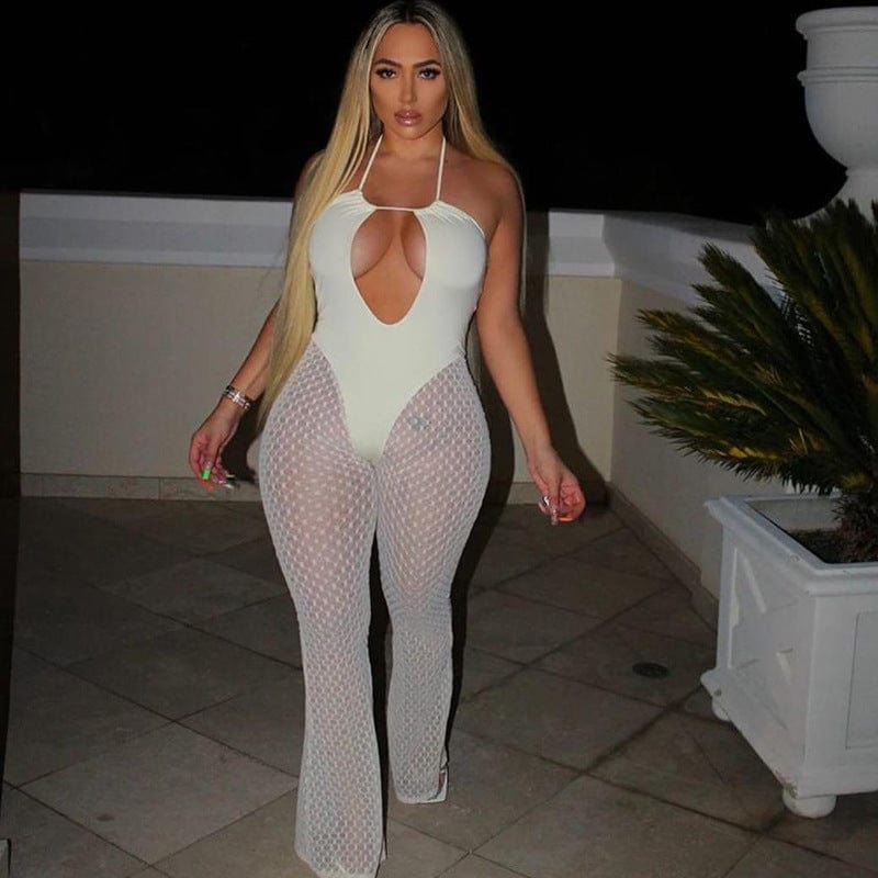 S / White 2022 New Fashion Hollow Out Sexy Lace Jumpsuit See Through Sleeveless Romper Women Clubwear