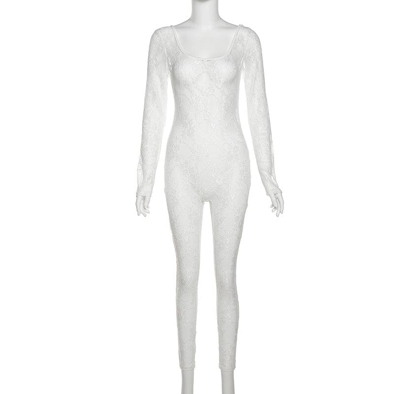 S / White 2022 New Fashion  Women Jumpsuits Black Stretch Lace jacquard  One Piece Jumpsuits