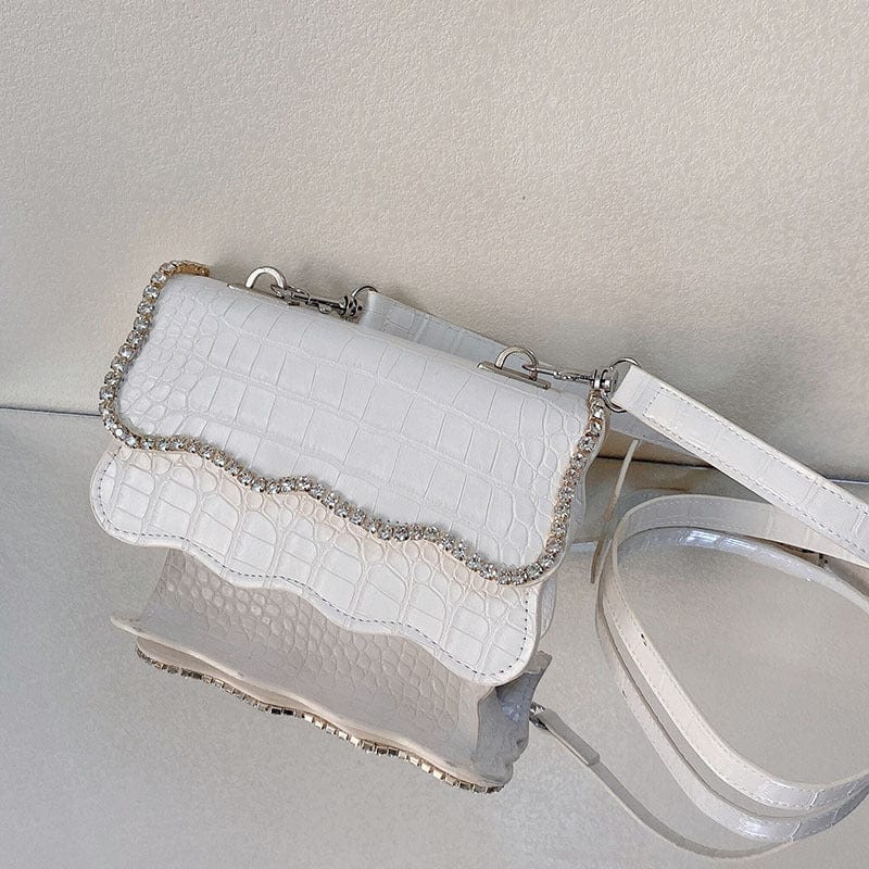 S / White 2022 Spring Summer New Arrival Women WAVY RUFFLED SASSY HANDBAG CROCODILE PURSE WITH RHINESTONE EDGE