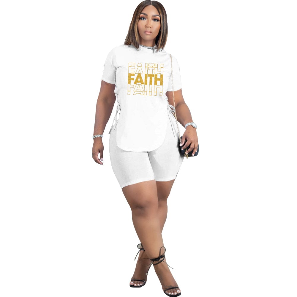 S / White 2022 Summer Fashion Short Sleeve Irregular Tops Letter Print Bandage Women Shorts Two Piece Set