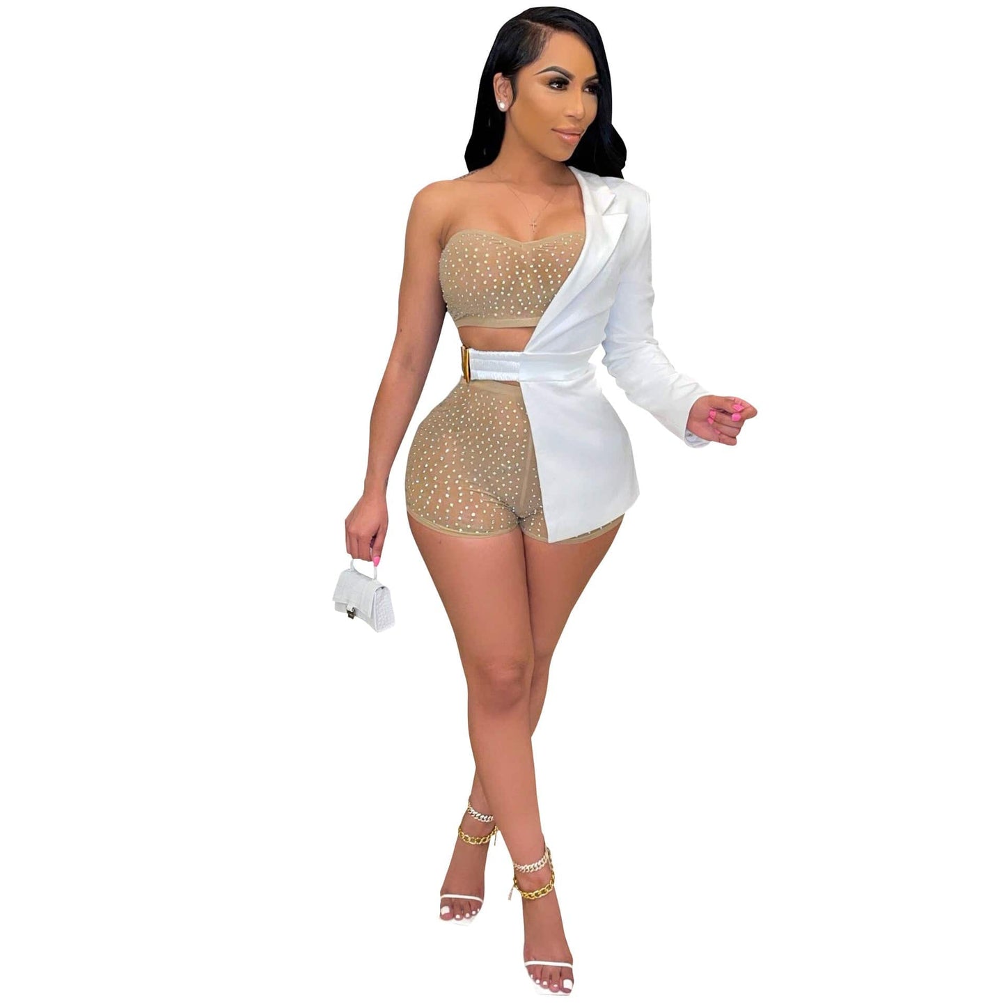 S / White 2022 Women 3 Piece Set Sexy Irregular Mesh Rhinestone Crop Top And Short One Side Lapel Long Sleeve Belt Solid Color Blazer Set