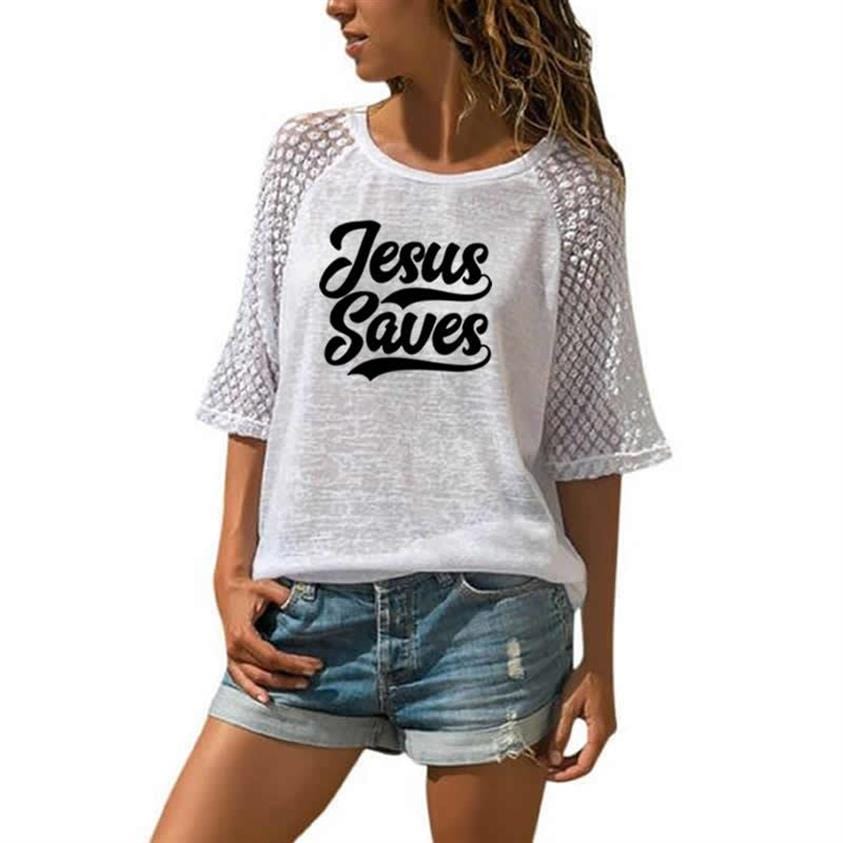 S / White 2022 Women New Lace Neck T-shirt Jesus Saves Letters Print T-shirt Leisure 3/4 Sleeve Plus Size Harajuku Summer T-shirt